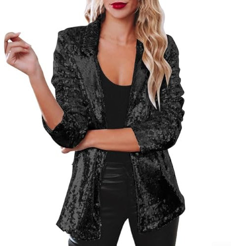 SPORTARC Nightclub Pailletten Blazer Damen Schimmer Glitzer Jacke Mantel Oberbekleidung (L Schwarz)