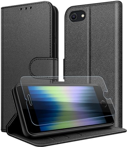 New&Teck Coque pour iPhone 7/8/SE 2020/SE 2022, [Fermeture Magnetique à Rabat], [Housse Portefeuille en Cuir], [Multifonctionnel] + 1x [Verre Trempé de Protection] (Noir)