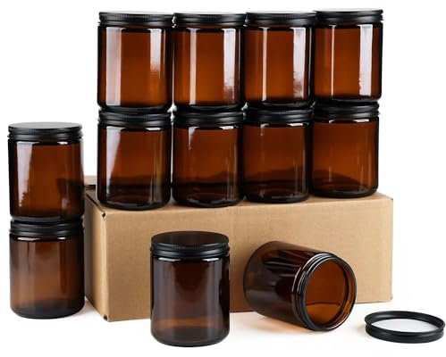 6 Pack Amber Glass Jars, 8 Oz Thick Amber Round Glass Jars, with Black Metal Lids, for Spice, Liquid, Sample, Leakproof and Dishwasher Safe