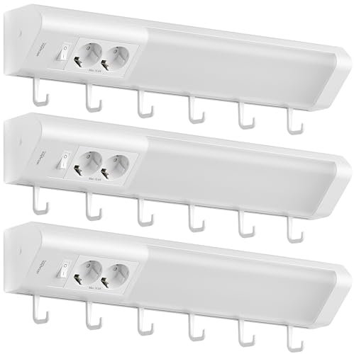 Oktaplex 3er Set Talin LED Unterbaulampe Küche mit Steckdose 230V 50cm Unterschrankleuchte mit Schalter warmweiss 3000 Kelvin 1085 Lumen 9,7W weiß