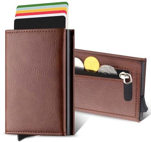 Meafeng Geldbörse Herren, Magnetischer Wallet, Slim Wallet mit Münzfach, RFID Portmonee Herren, Automatisches Pop-up Kartenetui Kreditkartenetui für Karten, Geldbeutel Herren(Braun)
