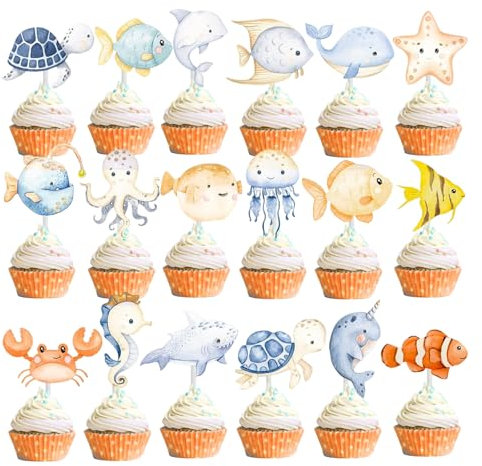 36 Stück Ozean Cupcake Topper, Ozean Thema Tortendeko Geburtstag, Ozean Tier Kuchen Topper für Jungen unter dem Meer Babyparty Geburtstagsparty Zubehör Fisch Cupcake Dekoration