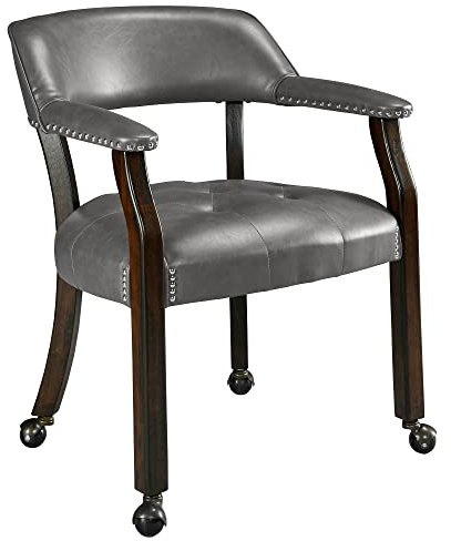 MODERION Große Esszimmerstühle mit Rädern und Armlehne, Chefsessel mit Massivholzbein, Schreibtischstühle mit Knopfpolsterung, klassischer Freizeitdrehstuhl, 80cm H, Bein braun (Dunkelgrau)