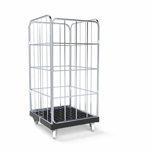 Abrollwerk Rollbehälter 1350 mm Nutzhöhe (500 kg Traglast), Kunstoffplatte schwarz, 4-seitig, Maße 724 x 815 x 1530 mm – robuster Gitterwagen Typ Cr3-verzinkt für Garage, Lager, Transport und Logistik