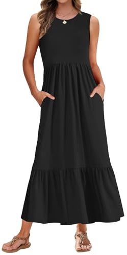 PLMOKEN Sommerkleider Damen Strandkleid Ärmellos Rundhals Maxikleid | Leicht und Luftig Kleid Lang Freizeitkleid Rundhals Geblümtes Tank Top Kleid Mit Taschen Elegant Breathability