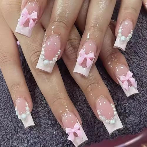 24PCS Pink French Press On Nails for Women, Short to Medium Square Fake Nails with Pearl Bow Design, Elegant Stick On Acrylic Nails, Easy DIY Nail Art with Comfortable and Secure Fit