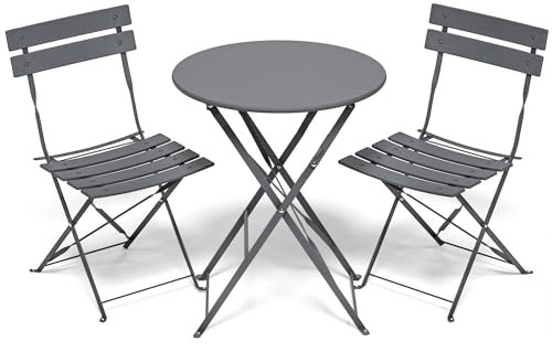 RELAX FIELD Folding Bistro Table and Chairs Set of 2, Balcony Furniture, Outdoor Garden Bistro Set for 2, Small Garden Furniture Set 3 Piece, Grey