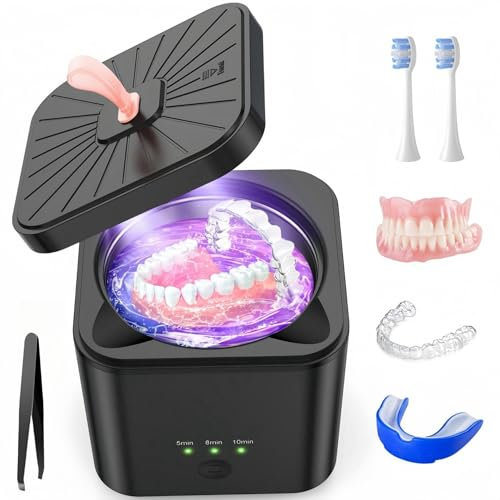 Padonco Retainer Cleaner, Ultrasonic Cleaner with UV Light & Timing 45kHz for Dentures, Aligner, Toothbrush Head, 200ML Portable Ultrasonic Cleaner Machine (M)