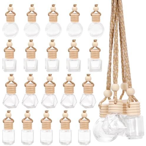 Swpeet 20Pcs 4 Sizes 8ml Hanging Perfume Diffuser Air Freshener Diffuser, Empty Refillable Clear Glass Essential Oil Car Bottles Fragrance Perfume Pendant Vials with Wooden Caps & Hanging String