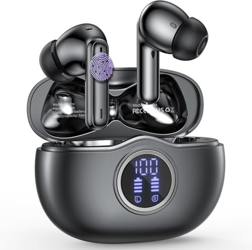 Cuffie Bluetooth, Auricolari Bluetooth 5.3 con Stereo HiFi, 50 Ore di Riproduzione LED Display Cuffiette con Microfono a Cancellazione di rumore con IP7 Impermeabili Auricolari per Sport, Nero
