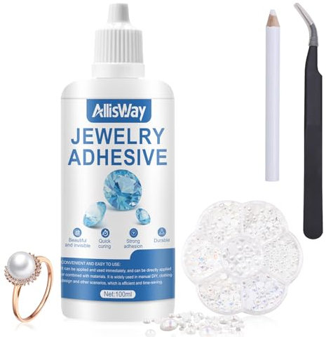 AllisWay Colla per Strass Su Tessuti, Colla per Gioielli, colla per Bigiotteria 100ml, Include Pinzette, Perle, Trasparente Dopo L'asciugatura, Resistente e Resistente