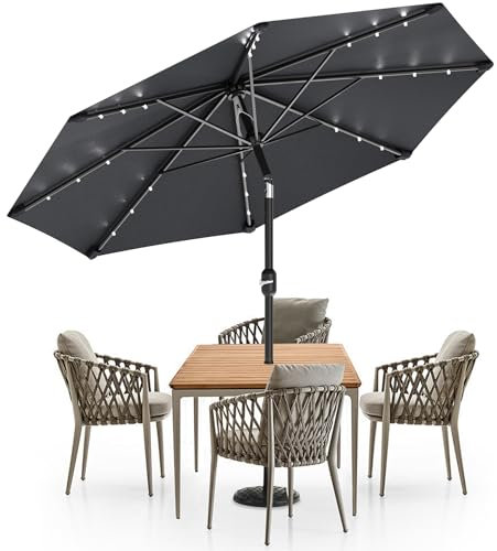 Soontrans Sonnenschirm φ 300 cm 24 LEDs, Beleuchte Dein Garten, Solar Mittelstockschirm mit Auto Tilt & Windventil & Kubel, Winschutz Wasserabweisend UV-beständig, aus Aluminum & Polyester (Anthrazit)