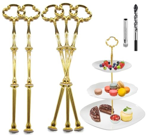 Trsnzul Etageren Stangen Set, Gold Bausatz Etagen Etageren Stäbe Etagere Bausatz Stange Metallstangen für Etagere (mit Bohrer, Blume, Gold, 5 Pack)