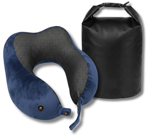 Backpacker's Journey Nackenkissen Reise & Flugzeug Memory Foam – Ergonomisches Nackenhörnchen inkl. Wasserdichter Tasche (Dry Bag) zur Befestigung am Gepäck – 6-Fach Verstellbar & Waschbar