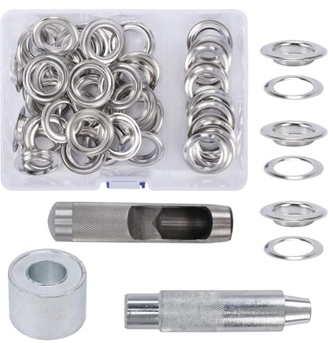 COEWUR 50 Sets Eyelet Punch Kit 20mm Grommet Punch Kit with Grommet Tool | Tarpaulin Eyelet Kit Silver Grommet Tool Kit for Curtains Canvas Fabric Leather Clothing Shoes Craft Making