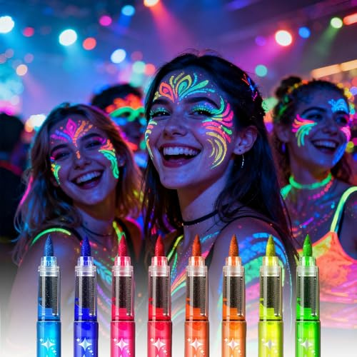 GROVBLE Lot de 8 stylos de maquillage néon UV fluorescents pour Halloween, accessoires de fête pour enfants, couleur UV pour décoration de fête néon, lumière noire