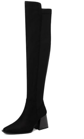 Mdrcg Stivali sopra Il Ginocchio Elasticizzati da Donna con Tacco Basso e Spesso, Stivali Alti Fino alla Coscia con Tacco a Blocco e Punta Quadrata, Stivali da Ufficio da Donna,Nero,7
