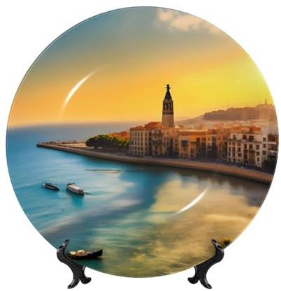 PHAYAH Plato decorativo de porcelana china con diseño de puesta de sol en Barcelona, platos de cerámica con soporte vertical para decoración del hogar y la oficina, 10 pulgadas