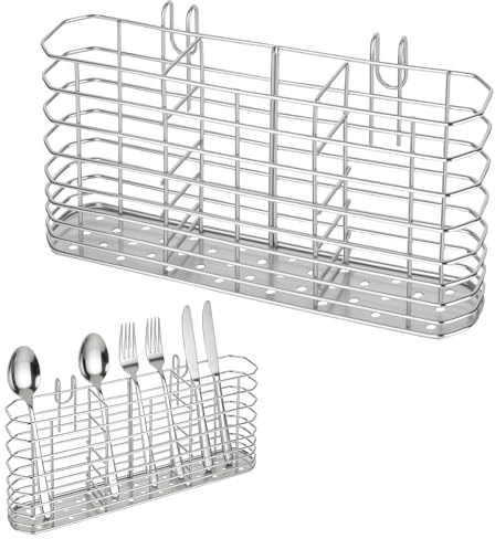 Rzspher Cutlery Drainer, 7.9 x 3.5 x 1.6 in Stainless Steel Cutlery Holder | Quick Drying, Kitchen Drainage Basket With Hooks for knives forks and spoons space saving keep the kitchen clean