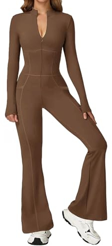 Ecupper Damen Jumpsuit Langarm Flare Romper Zip up bodysuit | Langer Jumpsuit mit Stehkragen, Halbreißverschluss & Seitentaschen, Fließlinien-Design, Flare Romper mit ausgestellte Beine