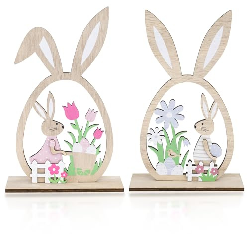 DRERIO Osterhasen Figuren 2 Stück Osterdekorationen für zu Hause, Holzhasen-Deko Schild, Bauernhaus, rustikaler Hase mit Ei, Holz Ostertablett sterdekoration, für Ostern,Osterdekoration Garten