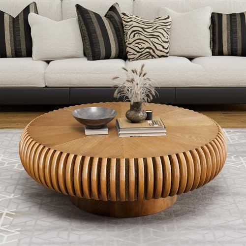 RZTPYS Moderner Trommel-Couchtisch, Runder Holztisch (80 cm) Mit Geriffelter Oberfläche, Kreisrunder Akzenttisch Für Wohnzimmer, Wohnung, Büro, Kleine Räume, Einfache Montage,Braun