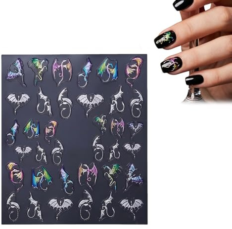 Vesavifaka Nagelsticker, Nail Sticker – 2 Pieces of 5D Embossed Nail Art Stickers in Silver Colour, Bat and Flying Dragon Pattern, Self-Adhesive Nail Art, Nail Art Tabs, DIY Nail Design
