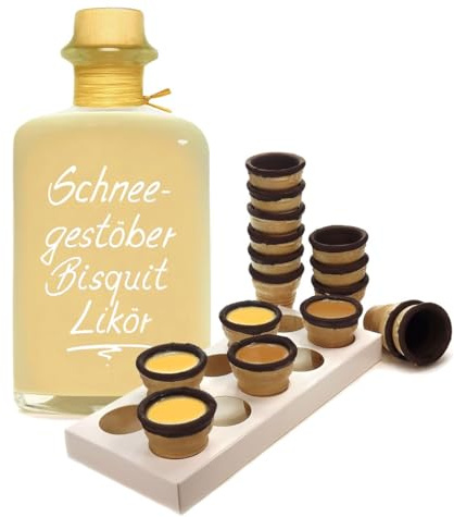 Schneegestöber Bisquit Sahnelikör 0,7L 15% Vol mit 8 Waffelbechern & Becherhalter
