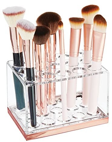 mDesign praktischer Kosmetik Organizer – dekorative Sortierbox für Wimperntusche und Lippenstift – Make-up Organizer mit 15 Fächern zur Schminkaufbewahrung – durchsichtig und roségold