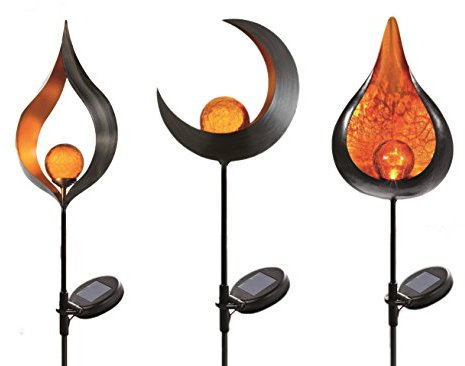 3-er Set Solar Metall Gartenstecker (Mond, Flamme, Tropfen) | Glaskugel in Bruchglas-Optik | Höhe: ca 93 cm
