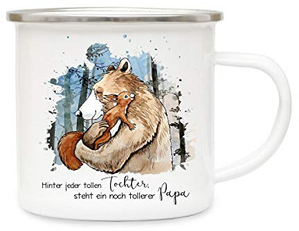 ilka parey wandtattoo-welt Emaillebecher Becher Tasse Camping Bär mit Eichhörnchen & Spruch Hinter tollen Tochter steht tollerer Papa Kaffeetasse Geschenk eb291