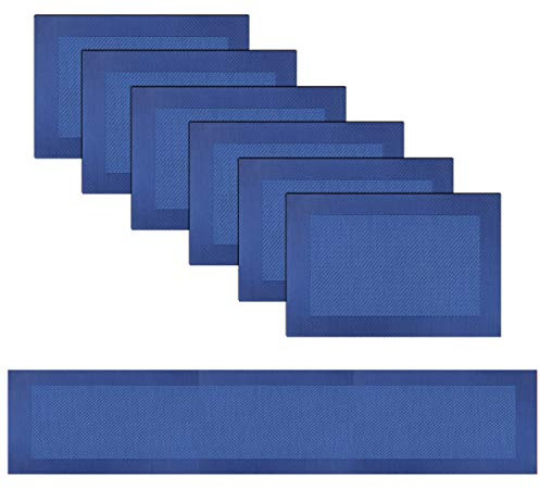 pigchcy Single Frame Navy Blue Elegant Placemats and Table Runner Set Vinyl Washable Placemats for Dining Table Set of 6 (45 x 30 cm + 45 x 180 cm)