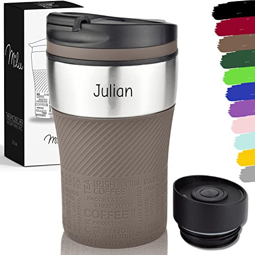 Milu Thermobecher mit Gravur - 210ml - Vatertag Muttertag personalisiert Geschenk mit Namen Ostern Weihnachten für Männer Frauen Mama Papa (Braun, 210ml (+Gravur)