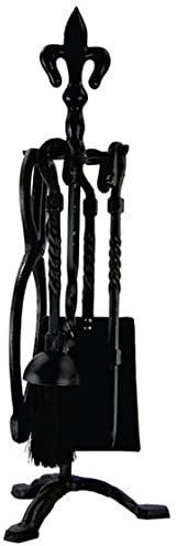 5 Piece Traditional Fireplace Companion Set Tong Shovel Brush Poker Wood Burner Coal Stove Hearth Cast Iron Tools (Fleur De LYS Black)
