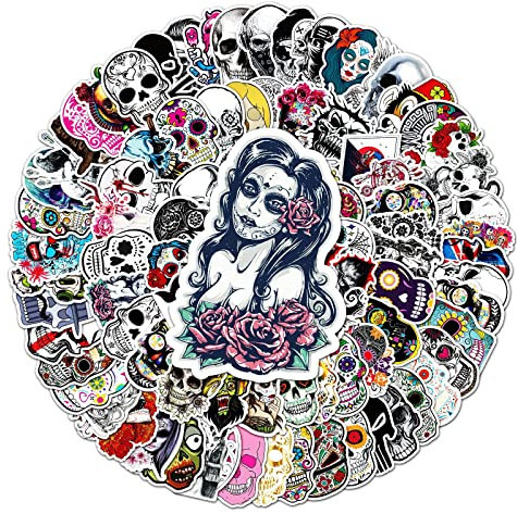 Totenkopf-Aufkleber, wasserdicht, für Laptop, Skateboard, Gepäck, Telefon, Gitarre, Computer, Wasserflasche, Auto, Fahrrad, Halloween, mexikanischer Tag der Toten, Kinder, 100 Stück