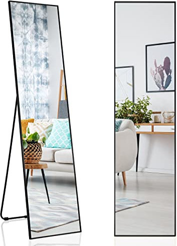COSTWAY Specchio da Parete Lungo, Specchio da Terra Appendere con Cornice in Lega di Alluminio e Ganci, Per Camera da Letto e Soggiorno, 160 x 40 cm (Nero)