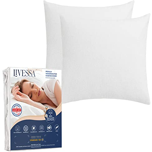 LIVESSA wasserdichter Kissenbezug 80x80 cm (2er Pack) kombinierbar mit Matratzen-Schutzhülen - Kissenschoner mit Reißverschluss, Pillow Protector,%100 Baumwolle Oberfläche