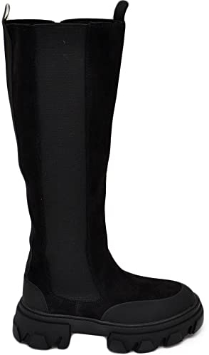 Stivali Combat in camoscio Nero con Elastico Bicolore Fondo carrarmato 4,5 cm Nero Antipioggia Zeppa Comodo (38 EU)