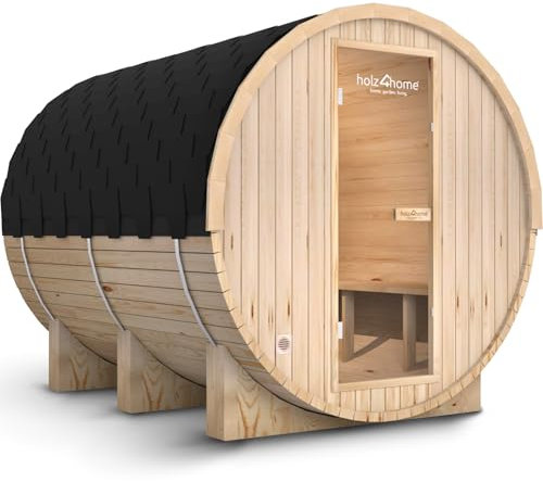 holz4home® Fasssauna Pini Wood inkl. Elektroofen I Gartensauna aus Fichtenholz I Aussensauna Saunafass Sauna für Terrasse Aussenbereich (Sauna XL)