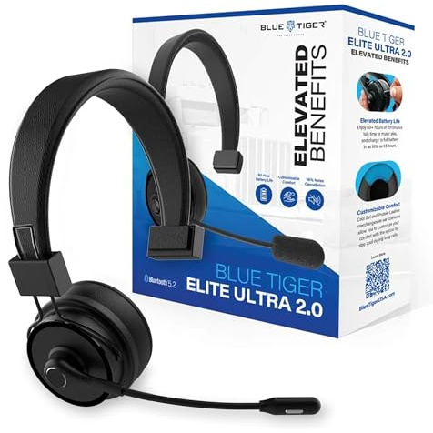 Blue Tiger Elite Ultra 2.0 Wireless Bluetooth Headset - One-Ear Piece Trucker Professional Headset - Bluetooth 5.2 mit Mikrofon - 60 Stunden Gesprächszeit, 1200 Stunden Standby