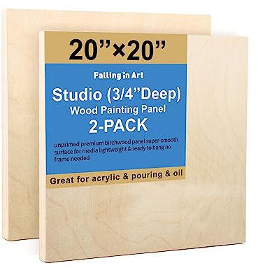 Falling in Art Unfinished Birch Wood Canvas Panels Kit, 2 Pack of 20 x20’’ Studio 3/4’’ Deep Cradle Boards for Pouring Art, Crafts, Painting, and More