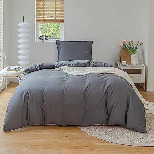 Oushebck Bettwäsche 135x200 Baumwolle Grau - 2teilig Bettwäsche Set Superweich Atmungsaktiv aus 100% Baumwolle 1X Bettbezug 135x200cm + 1X Kissenbezug 80x80cm mit Reißverschluss - Anthrazit