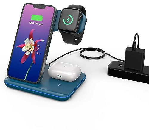 Minthouz 3 in 1 Wireless Charger mit 18W Adapter, schnelle drahtlose Ladestation für mehrere Geräte Apple Watch S8/7, AirPods 3/Pro, Wireless Charger Stand kompatibel mit iPhone 14/13/12/11- Blau