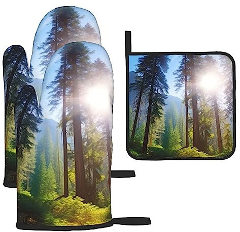 Lot de 3 maniques et maniques isolantes résistantes à la chaleur Motif arbres et parcs nationaux