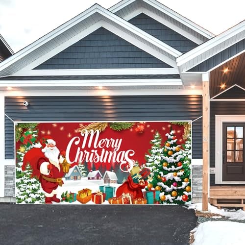 Christmas Garage Door Banner, 6x13ft Santa Claus Garage Door Backdrop Banner Christmas Garage Door Decorations for Indoor Outdoor Party Supplies