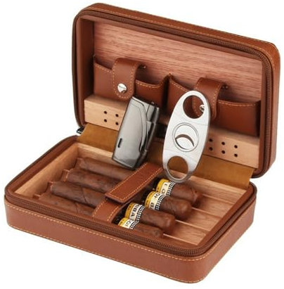 Humidor, Leder Zigarren Reise Humidor, Zigarrentasche mit zigarrenschneider Feuerzeug (Kein Gas), Tragbarer Reisehumidor, Zigarren Humidor Set für 4 Zigarren (Brown)