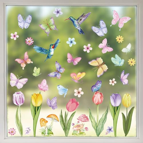 8 Fogli Adesivi per Finestra Fiori Farfalla Uccelli, Vetrofanie Floreali Primavera Estate, Decalcomanie Stickers per Finestra Vetrina Vetro Porta Decorazione Floreale