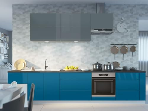 Feldmann Preiswert Wohnen Küchenzeile Florence Einbauküche 355cm weiß Front graublau capriblau Hochglanz Teilauszug