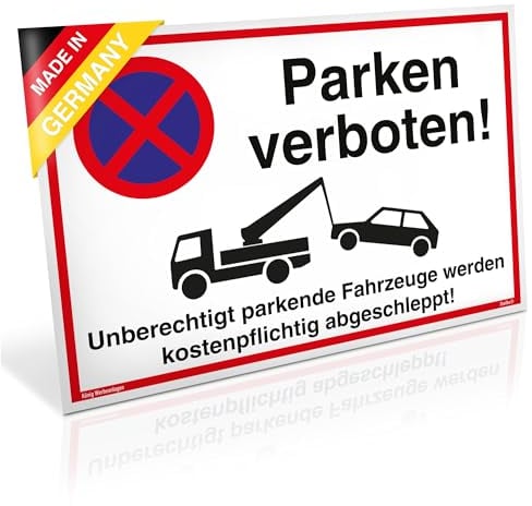 Großes Schild Parken verboten | PVC 42 x 30 cm | Unberechtigt parkende Fahrzeuge werden kostenpflichtig abgeschleppt! weiß | stabiles PVC Schild mit UV-Schutz | Parkverbot | Dreifke®