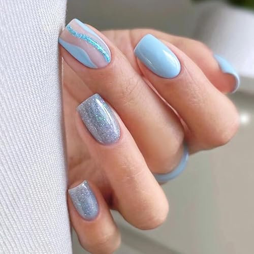 MrCuvaryas French Press on Nails Kurz, Nägel zum Aufdrücken, Falsche Nagelspitzen, Künstliche Nägel, mittellang, Strass, rosa, künstliche Nägel, quadratisch, glänzend (Blue Waves, 24 Stück)